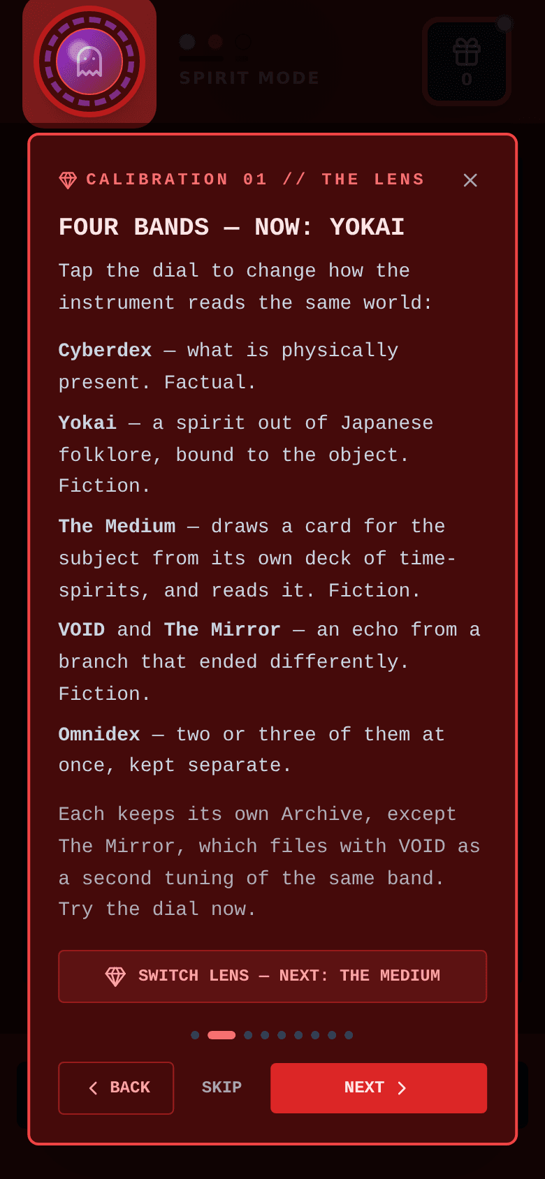BraneDex calibration screen on the Yokai lens, in red