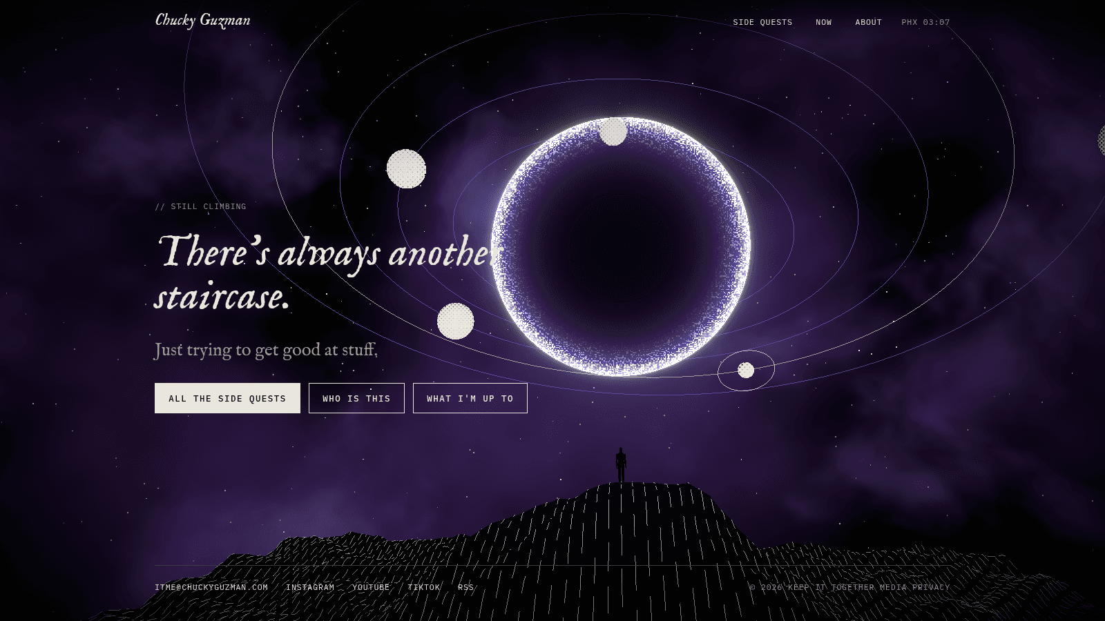 The last stop on the home page: a figure on a summit looking up at an eclipse circled by planets