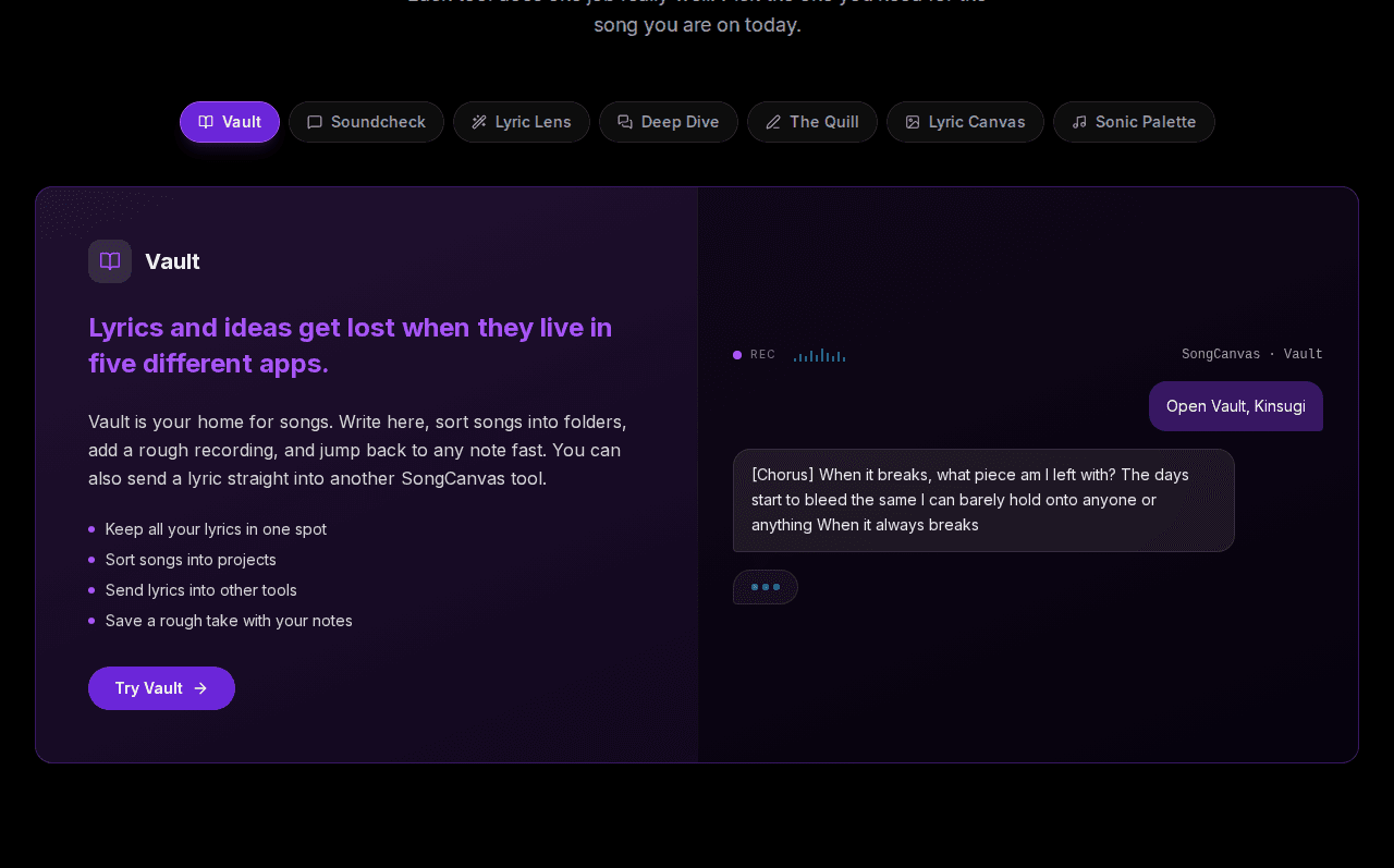 The Vault tool in SongCanvas, holding a song's lyrics